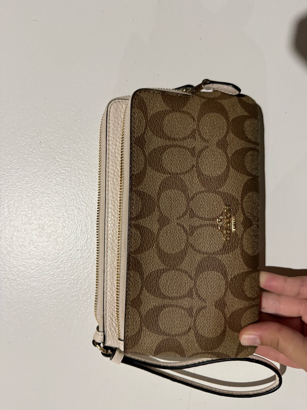 Coach Monogram Canvas Wristlet in Brown and Cream with Gold Hardware